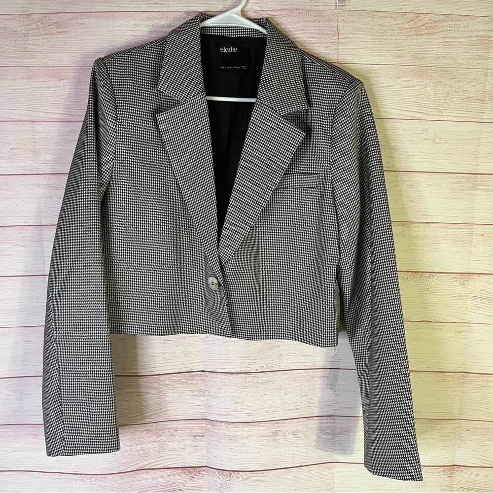 Elodie Black‎ White Houndstooth Cropped Jacket Blazer Size Large